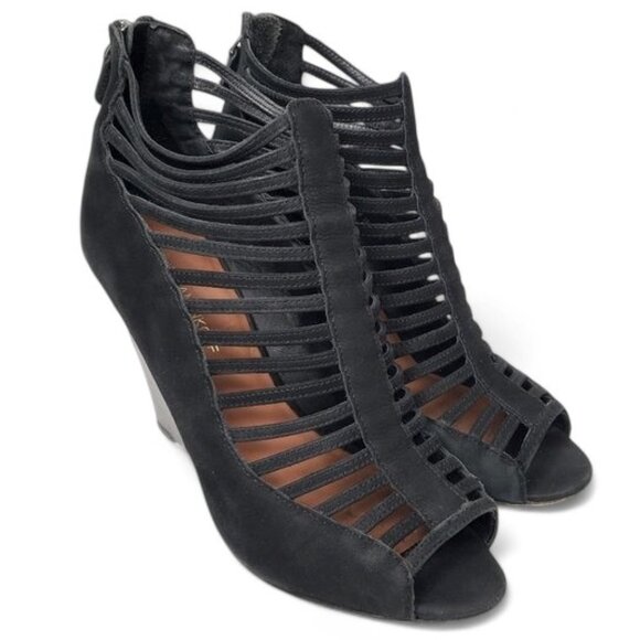 Rebecca Minkoff Sydney Wedge Heels Women's Cage Cutout Black Suede Gladiator 9M - Picture 1 of 11